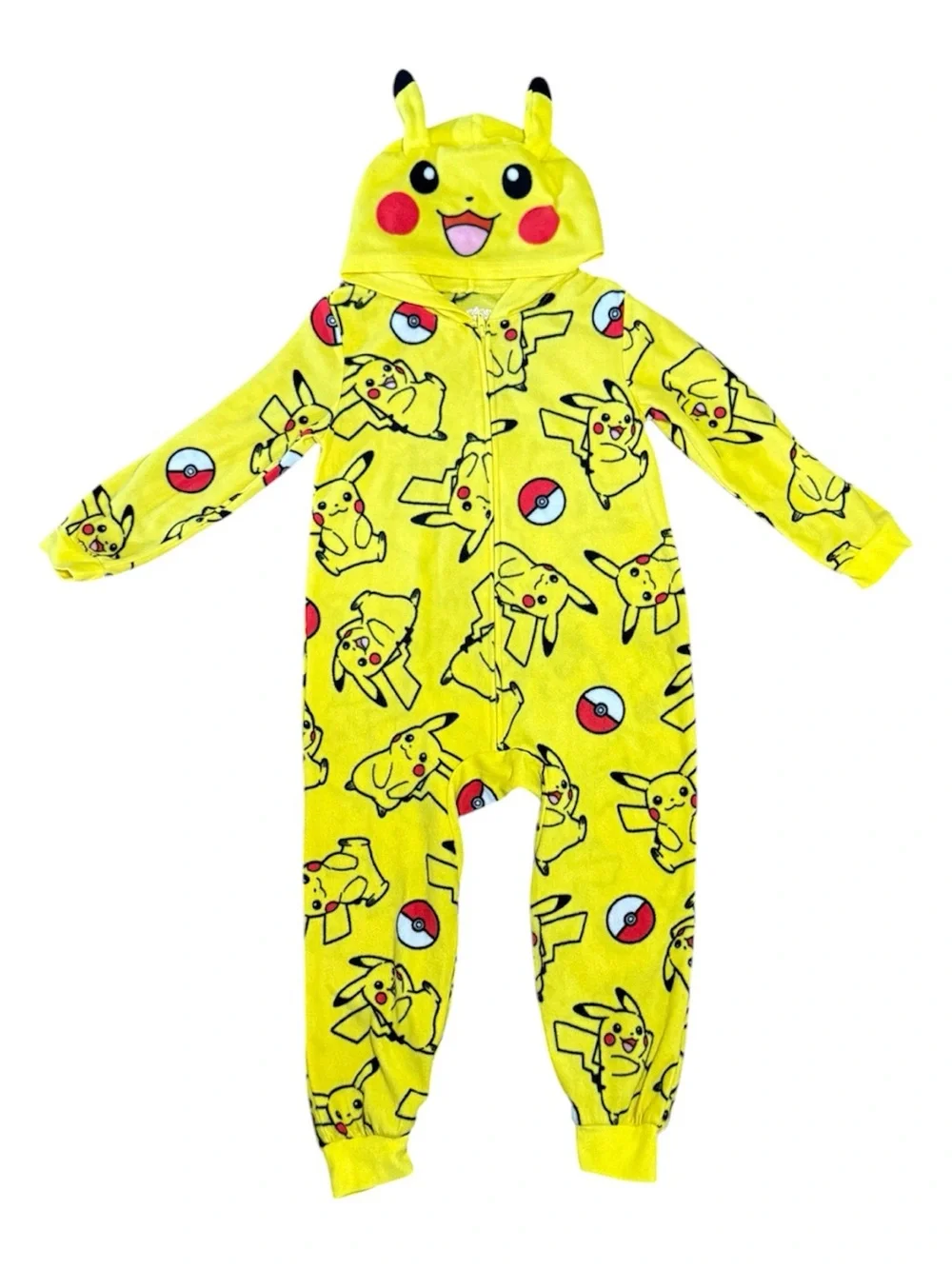 Pokemon Pikachu Union Suit Pajamas Kids 4-5 Yellow All Over Print Costume Hooded